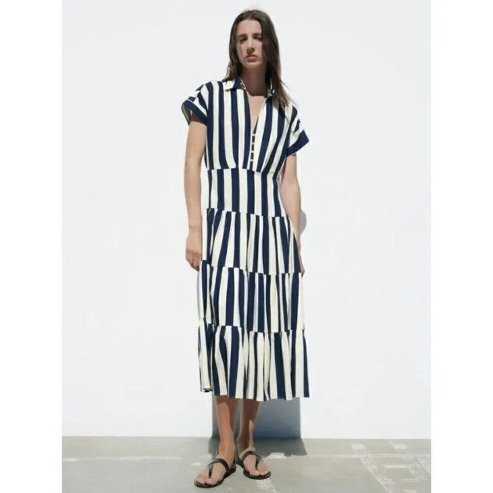 Zara Womens Shirt Midi Cut Out Dress XS Blue White Striped Tiered 3077/767 NWT